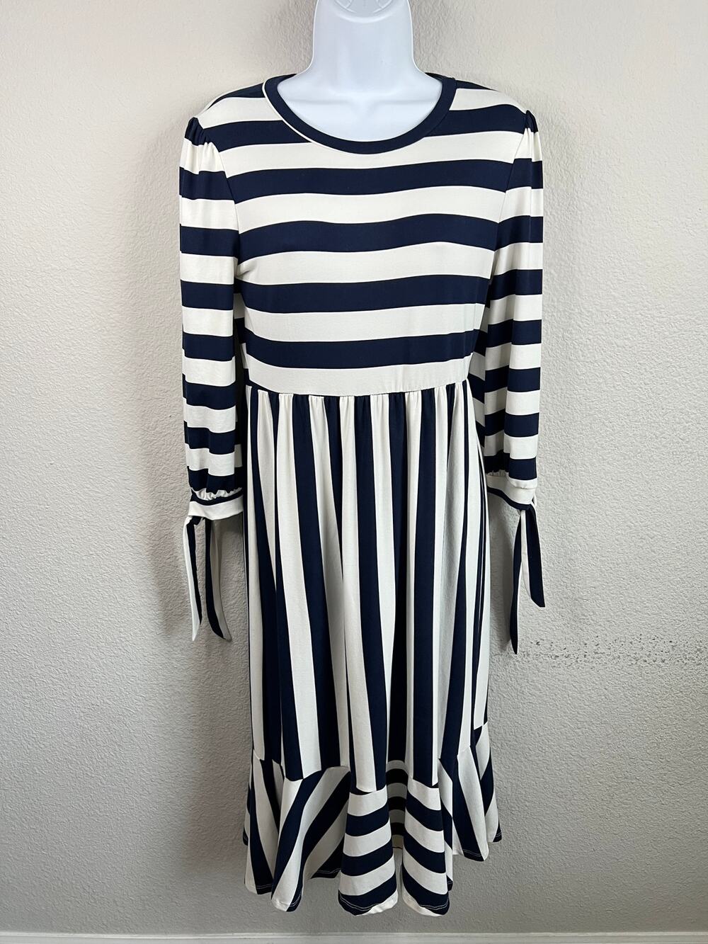 Reborn J Navy Blue Stripe Midi Dress Women's M Stretchy Nautical Sailor Chic